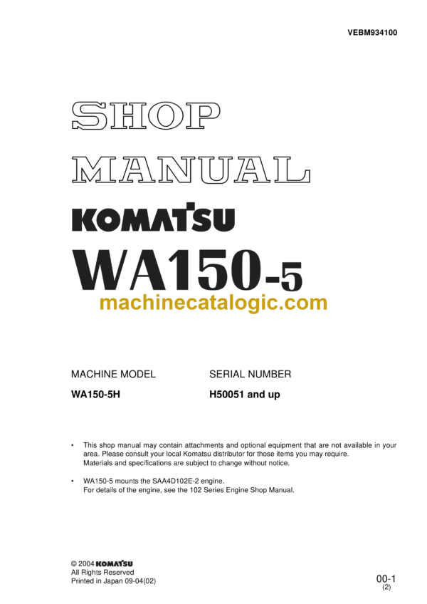 Komatsu WA150-5 Wheel Loader Shop Manual (VEBM934100)