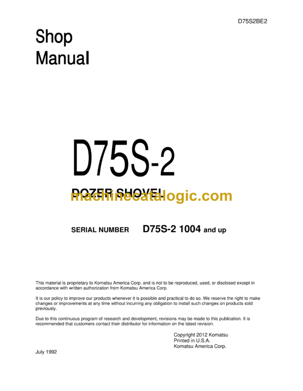 Komatsu D75S-2 Dozer Shovel Shop Manual (D75S2BE2)