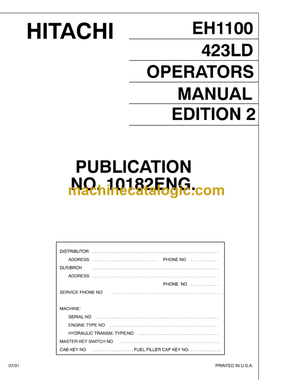 Hitachi EH1100 (423LD) Dump Truck Operator's Manual (10182ED2)