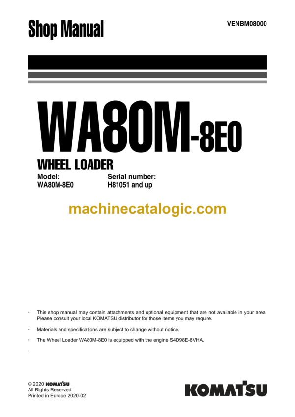 Komatsu WA80M-8E0 Wheel Loader Shop Manual (VENBM08000)