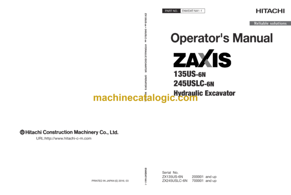 Hitachi ZX135US-6N, ZX245USLC-6N Hydraulic Excavator Operator's Manual (ENMDAT-NA1-1, ENMDAT-NA1-2)