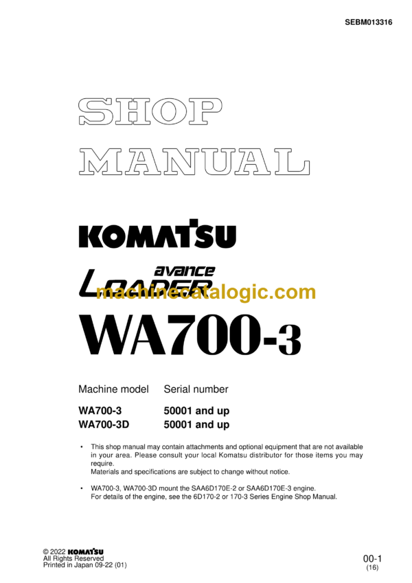 Komatsu WA700-3 Wheel Loader Shop Manual (SEBM013316)