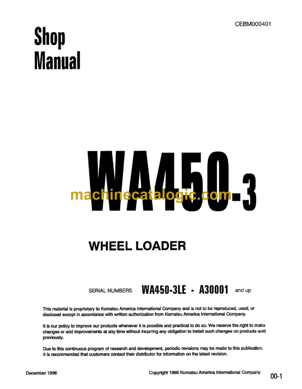 Komatsu WA450-3 Wheel Loader Shop Manual (CEBM000401)