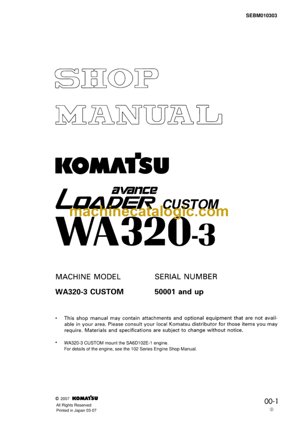 Komatsu WA320-3 Avance Loader Wheel Loader Shop Manual (SEBM010303)