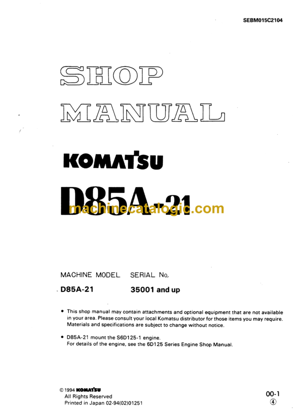 Komatsu D85A-21 Bulldozer Shop Manual (SEBM015C2104)