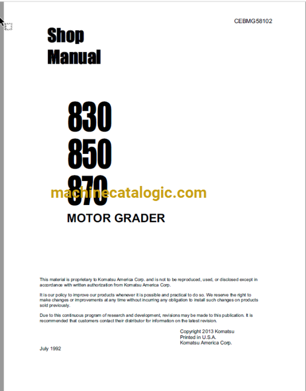 Komatsu 830, 850, 870 Motor Grader Shop Manual (CEBMG58102)