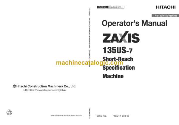 Hitachi ZX135US-7 Short Reach Specification Machine Operator's Manual (ENMDA4-SR1-1)