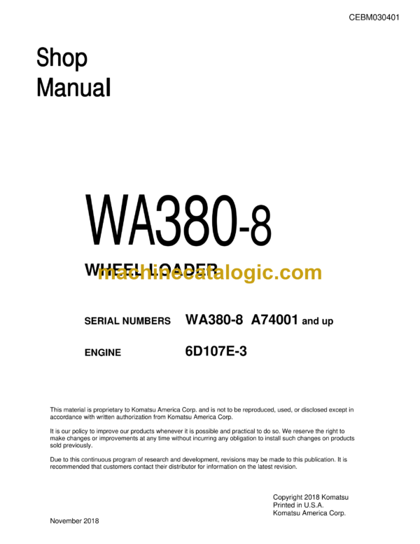 Komatsu WA380-8 Wheel Loader Shop Manual (CEBM030401)