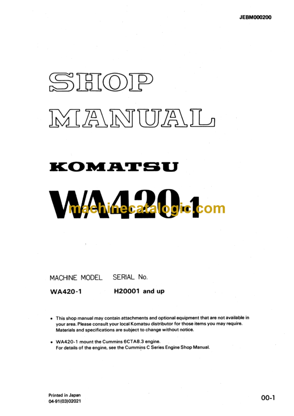 Komatsu WA420-1 Wheel Loader Shop Manual (JEBM000200)