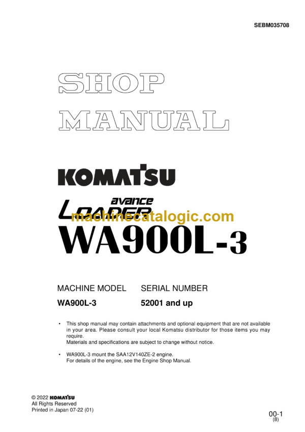 Komatsu WA900L-3 Avance Loader Wheel Loader Shop Manual (SEBM035708)