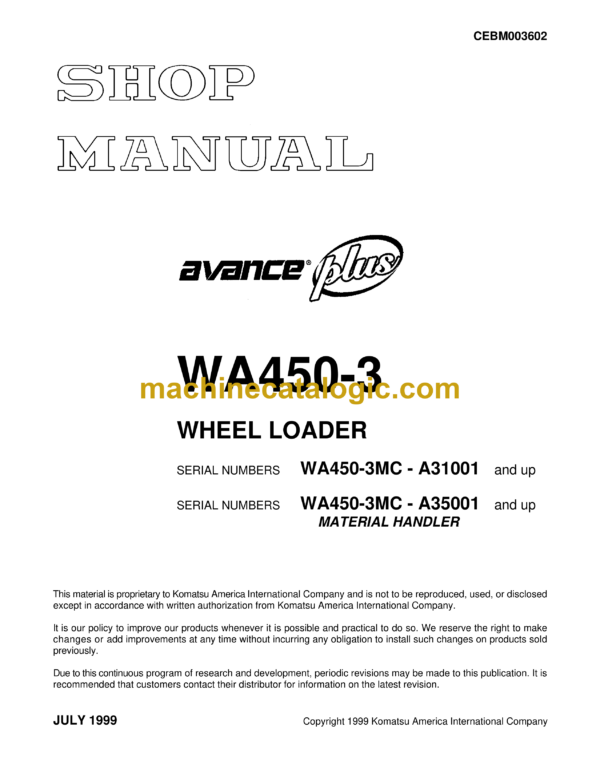 Komatsu WA450-3 Avance Plus Wheel Loader Shop Manual (CEBM003602)