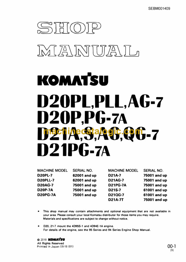 Komatsu D20PL,PLL,AG-7 D20P,PG-7A, D21A,G,AG,QC-7 D21PG-7A Dozer Shop Manual (SEBM001409)