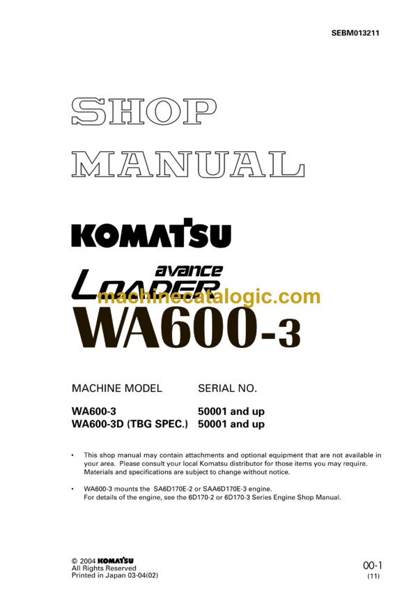 Komatsu WA600-3 Avance Loader Wheel Loader Shop Manual (SEBM013211)