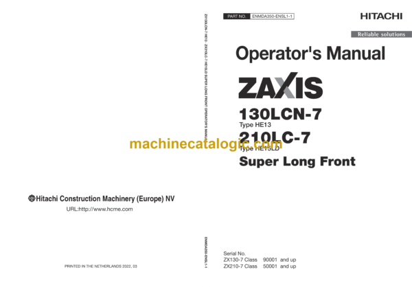 Hitachi ZX130LCN-7, ZX210LC-7 Super Long Front Operator's Manual (ENMDA350-ENSL1-1)