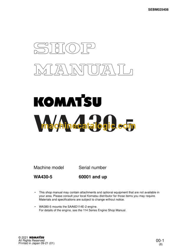 Komatsu WA430-5 Wheel Loader Shop Manual (SEBM025408)