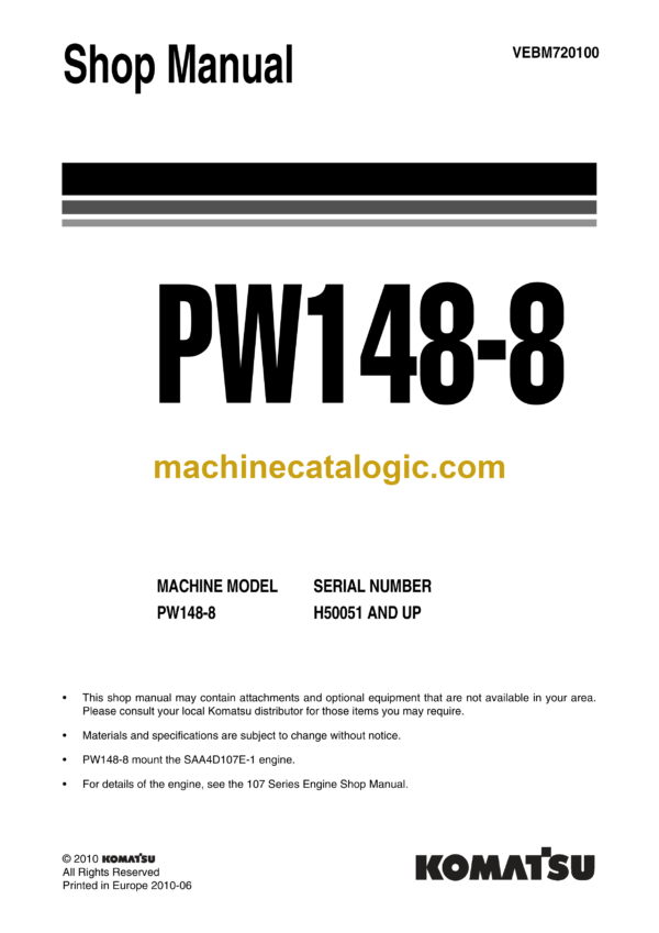 Komatsu PW148-8 Wheel Loader Shop Manual (VEBM720100)