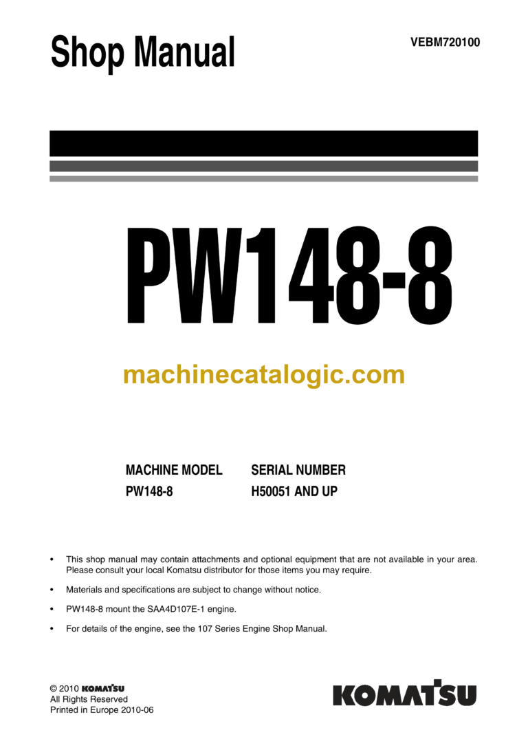 Komatsu PW148-8 Wheel Loader Shop Manual (VEBM720100)