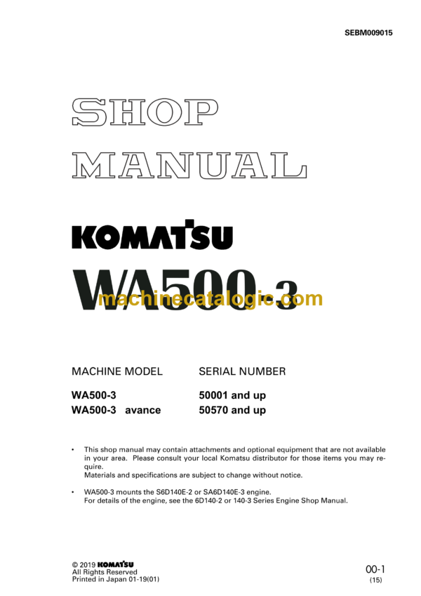 Komatsu WA500-3 Wheel Loader Shop Manual (SEBM009015)