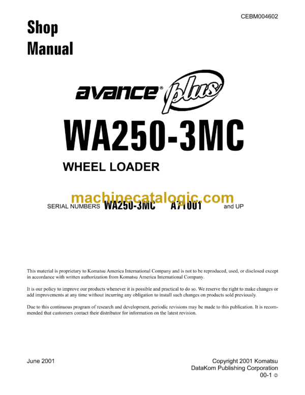 Komatsu WA250-3MC Avance Plus Wheel Loader Shop Manual (CEBM004602)