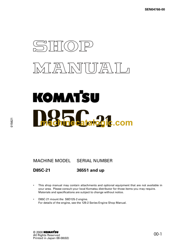 Komatsu D85C-21 Bulldozer Shop Manual (SEN04766-00)