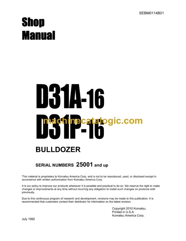 Komatsu D31A-16, D31P-16 Bulldozer Shop Manual (SEBM0114B01)