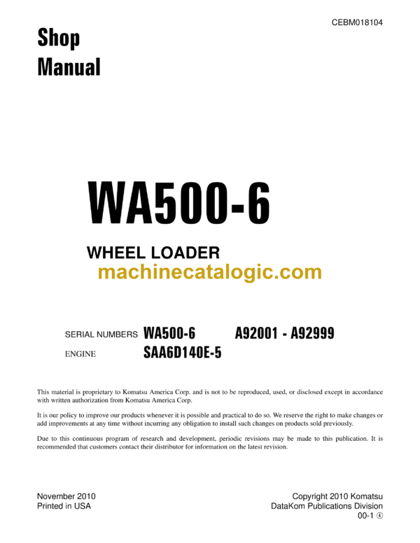 Komatsu WA500-6 Wheel Loader Shop Manual (CEBM018104)