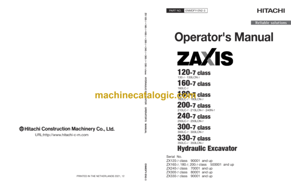 Hitachi ZX120-7, ZX160-7, ZX180-7, ZX200-7, ZX240-7, ZX300-7, ZX330-7 class Hydraulic Excavator Operator's Manual (ENMDFY-EN2-3, ENMDFY-EN2-5)