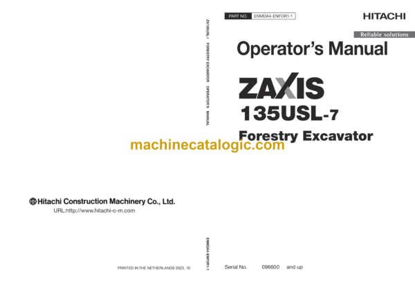 Hitachi ZX135USL-7 Forestry Excavator Operator's Manual (ENMDA4-ENFOR1-1)