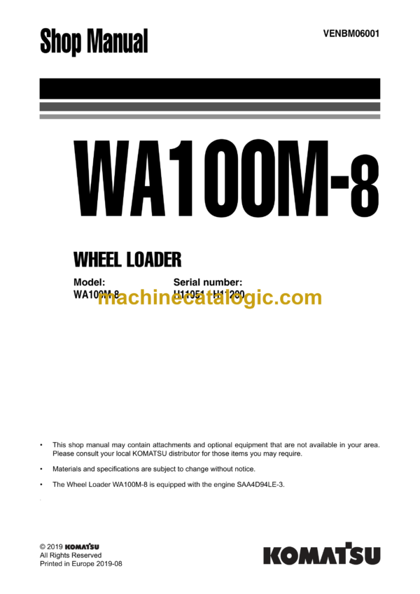 Komatsu WA100M-8 Wheel Loader Shop Manual (VENBM06001)