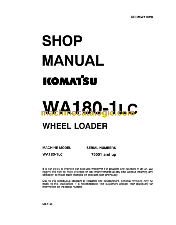 Komatsu WA180-1LC Wheel Loader Shop Manual (CEBMW17020)