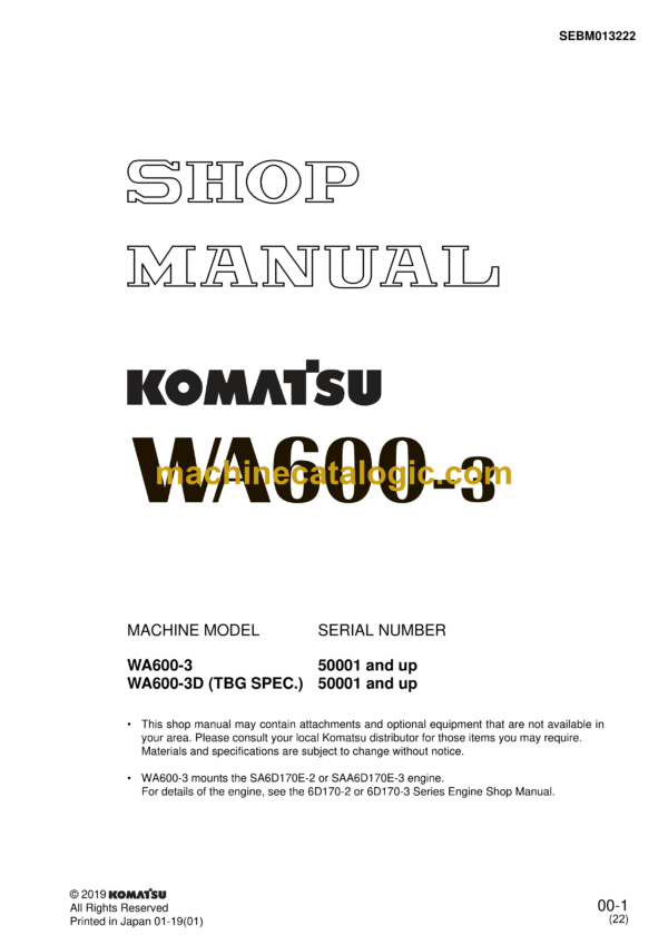 Komatsu WA600-3 Wheel Loader Shop Manual (SEBM013222)