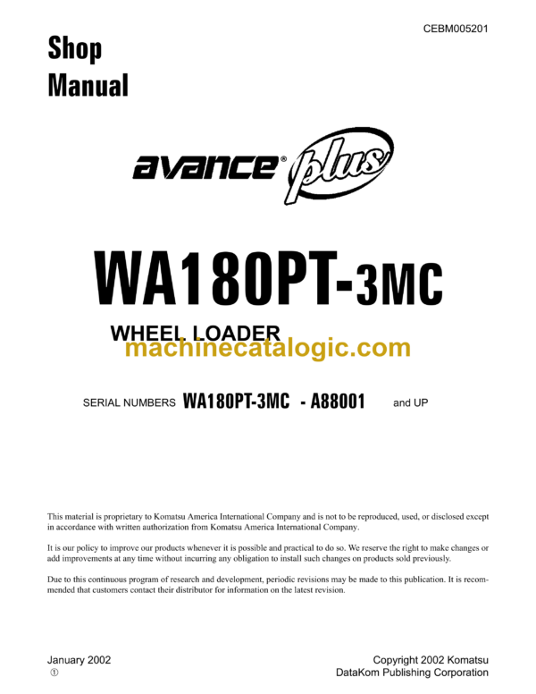 Komatsu WA180PT-3MC Avance Plus Wheel Loader Shop Manual (CEBM005201)