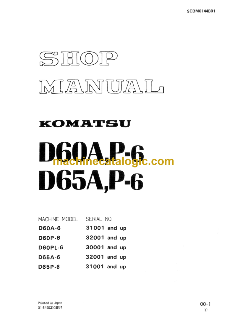 Komatsu D60A,P-6 D65A,P-6 Bulldozer Shop Manual (SEBM0144B01)