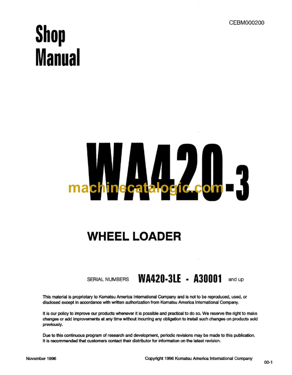 Komatsu WA420-3 Wheel Loader Shop Manual (CEBM000200)