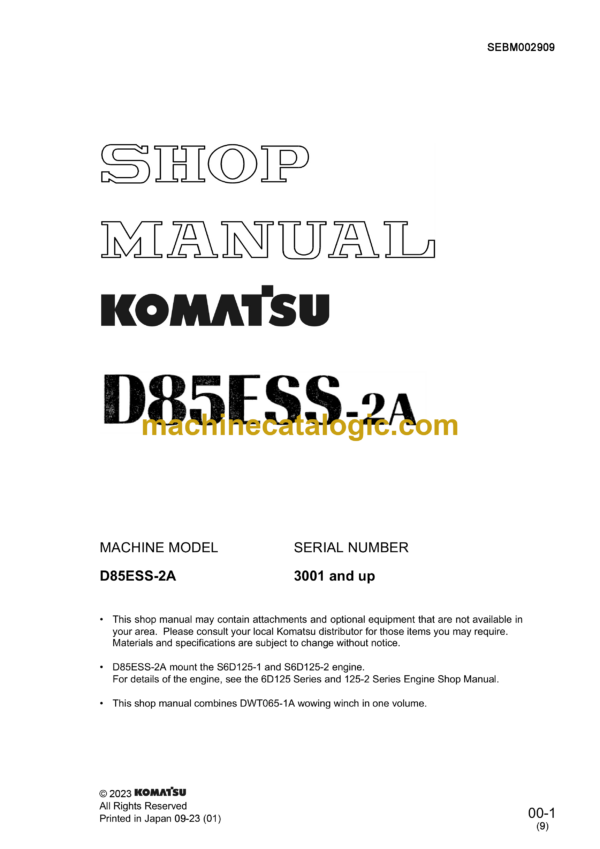 Komatsu D85ESS-2A Bulldozer Shop Manual (SEBM002909)