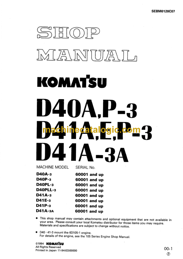 Komatsu D40A,P-3 D41A,E,P-3, D41A-3A Bulldozer Shop Manual (SEBM0120C07)