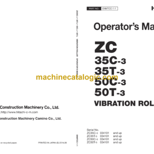 Hitachi ZC35C-3, ZC35T-3, ZC50C-3, ZC50T-3 Vibration Roller Operator's Manual (ENMTCC-1-1)