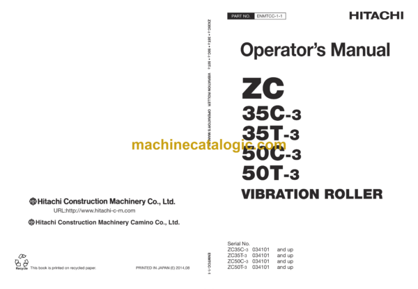 Hitachi ZC35C-3, ZC35T-3, ZC50C-3, ZC50T-3 Vibration Roller Operator's Manual (ENMTCC-1-1)