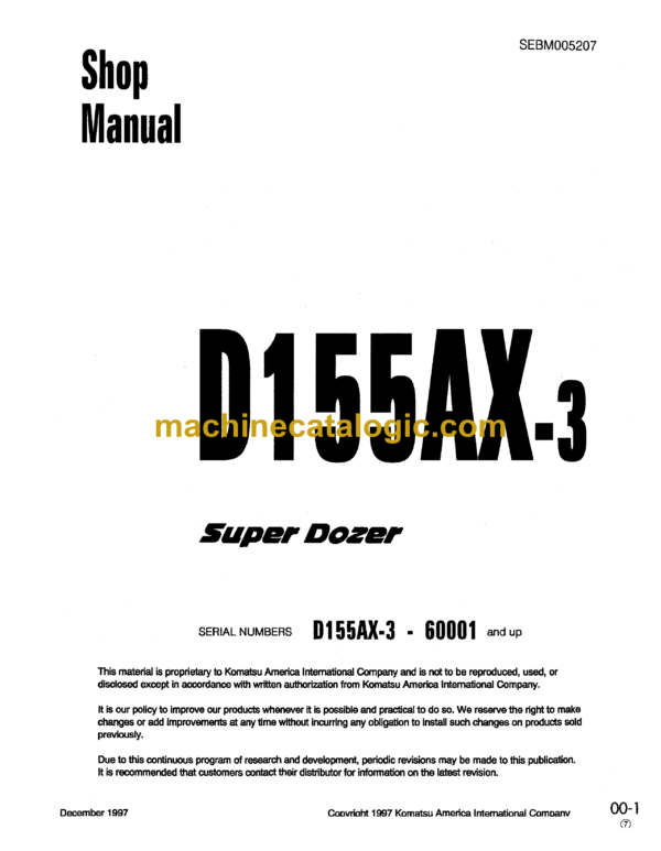 Komatsu D155AX-3 Super Dozer Shop Manual (SEBM005207)