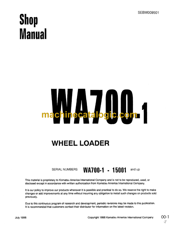 Komatsu WA700-1 Wheel Loader Shop Manual (SEBM009501)