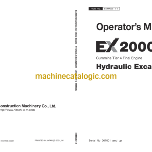 Hitachi EX2000-7B Cummins Tier 4 Final Engine Hydraulic Excavator Operator's Manual (ENMKDB-1-1)