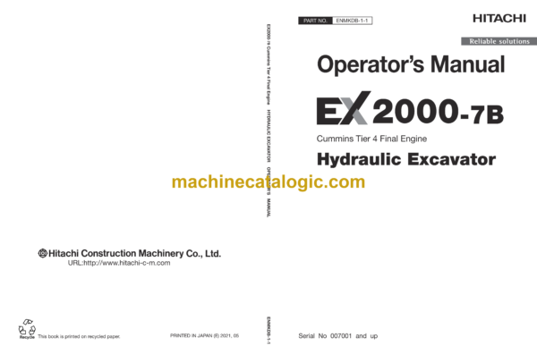 Hitachi EX2000-7B Cummins Tier 4 Final Engine Hydraulic Excavator Operator's Manual (ENMKDB-1-1)