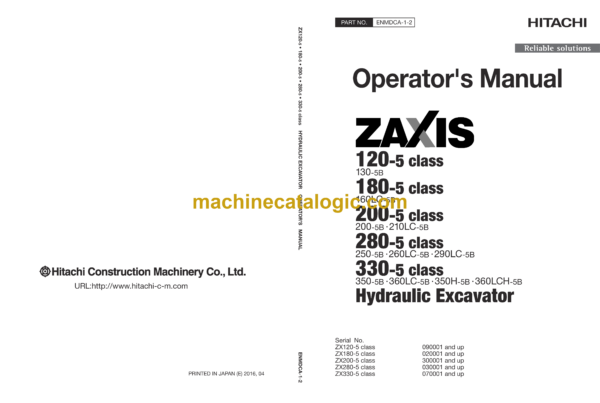 Hitachi ZX120-5B, ZX180-5B, ZX200-5B, ZX280-5B, ZX330-5B class Hydraulic excavator Operator's Manual (ENMDCA-1-2)