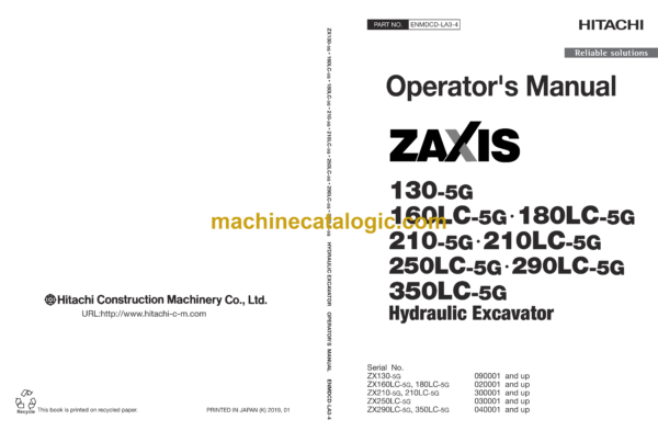 Hitachi ZX130-5G,ZX160LC5G,ZX180LC-5G,ZX210-5G,ZX210LC-5G,ZX250LC-5G,ZX290LC-5G,ZX350LC-5G Hydraulic Excavator Operator's Manual (ENMDCD-LA3-4)