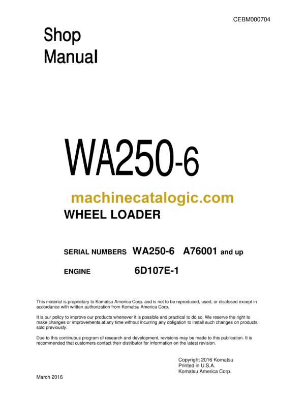 Komatsu WA250-6 Wheel Loader Shop Manual (CEBM000704)