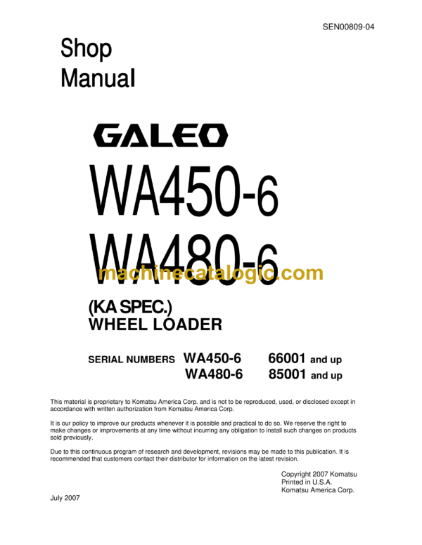 Komatsu WA450-6, WA480-6 Wheel Loader Shop Manual (SEN00809-04)