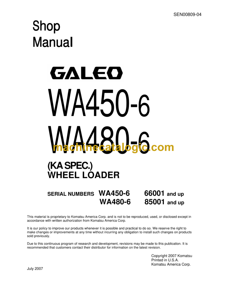 Komatsu WA450-6, WA480-6 Wheel Loader Shop Manual (SEN00809-04)