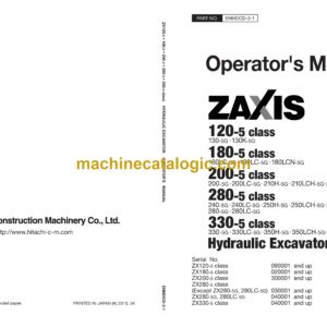 Hitachi ZX120-5G class, ZX180-5G class, ZX200-5G class, ZX280-5G class, ZX330-5G class Hydraulic Excavator Operator's Manual (ENMDCD-3-1 to ENMDCD-3-8)