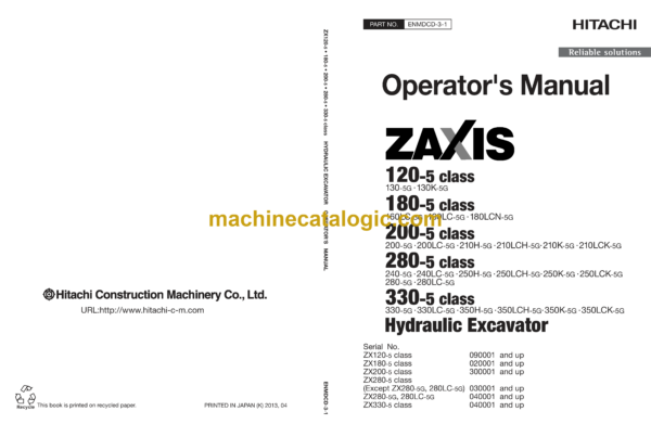 Hitachi ZX120-5G class, ZX180-5G class, ZX200-5G class, ZX280-5G class, ZX330-5G class Hydraulic Excavator Operator's Manual (ENMDCD-3-1 to ENMDCD-3-8)