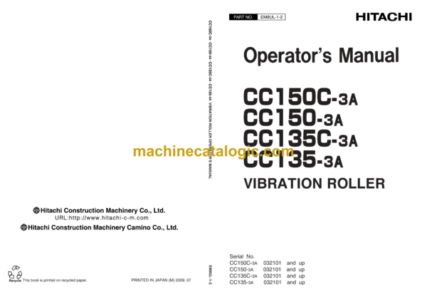 Hitachi CC150C-3A, CC150-3A, CC135C-3A, CC135-3A Vibration Roller Operator's Manual (EM8UL-1-2)